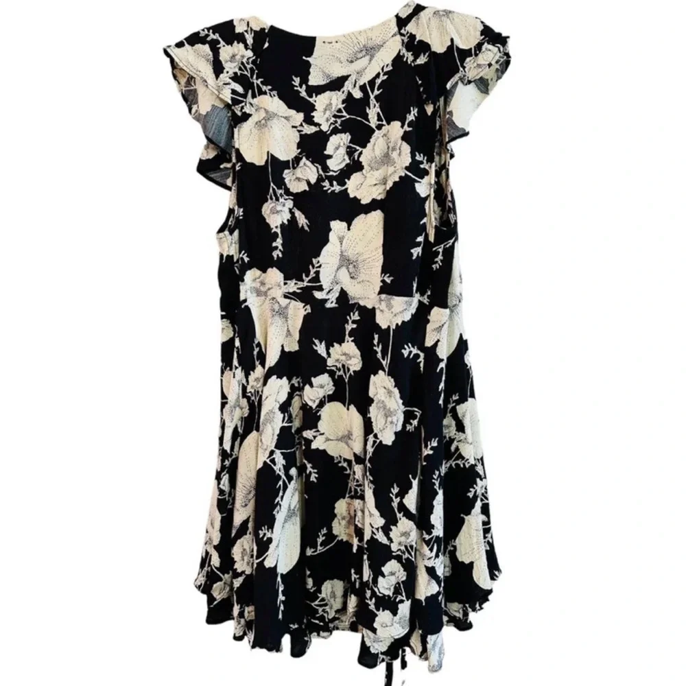 Free People Black Wrap Dress with Cream Floral Print Ruffled Mini Dress size XS